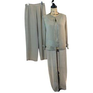 3 pc J Kara Formal Pant Suit Set Beaded Long Sheer Jacket Tank Top Beige 6 P